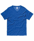 A Bella + Canvas CV009 V-neck T-shirt in plain blue is displayed on a white background. The soft fabric appears slightly wrinkled, emphasizing the shirt's texture.