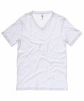 A Bella + Canvas CV009 T-shirt, featuring a plain white V-neck design with short sleeves, is displayed flat against a white background with the fabric appearing slightly wrinkled.