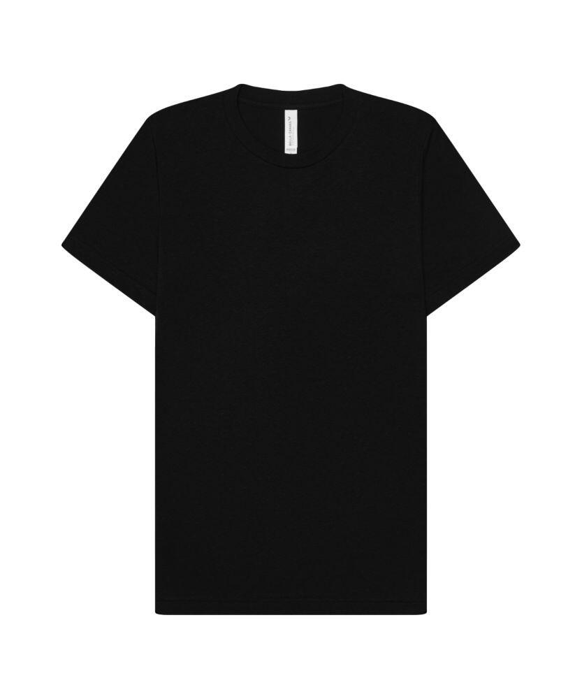 A plain black T-shirt with a crew neck and short sleeves from Bella + Canvas, known as the CV012.