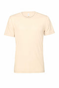 The Bella + Canvas CV01H T-shirt, featuring a plain cream color with short sleeves and a crew neckline, is showcased against a white background. This shirt has a simple, casual design with no visible logos or patterns.