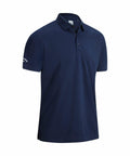 The CW032 polo shirt from Callaway is a navy blue design with short sleeves and a collar. It includes a subtle logo on the left sleeve and features a three-button placket. The shirt is showcased against a plain white background.