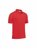 Product Description: The Callaway CW032 is a vibrant red short-sleeve polo shirt featuring a classic collar and three-button design. It includes delicate stitching and showcases a small logo on the sleeve. The shirt is presented against a clean white background.