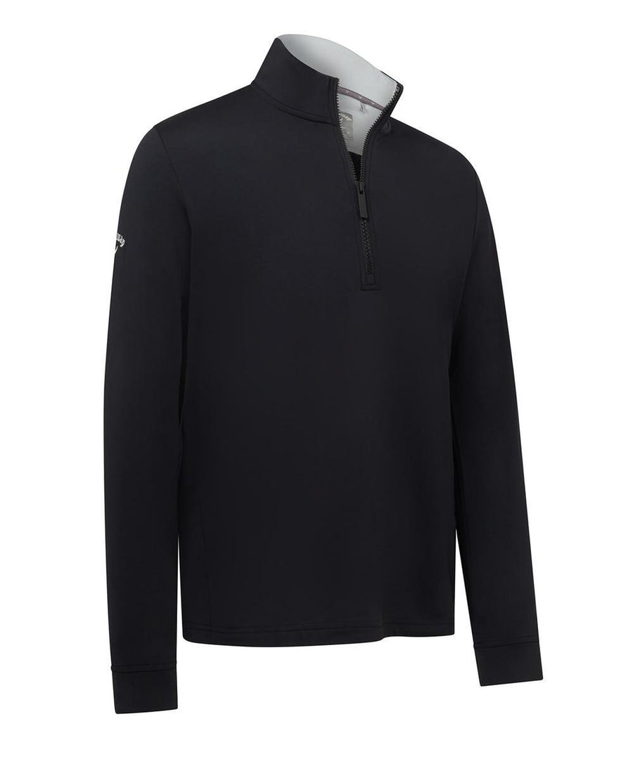 The Sports Overtops is a black, long-sleeve quarter-zip pullover with a stand-up collar and visible zip, shown on a plain white background. The smooth fabric features a small logo on the left sleeve.