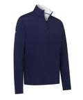 The Sports Over-tops is a navy long-sleeve quarter-zip pullover with a stand-up collar, minimal stitching, and a subtle logo on the left sleeve. It features a light grey lining inside the collar.