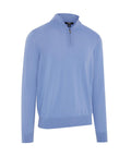 The Knitted Jumpers is a light blue, long-sleeve jumper with a quarter-zip neckline and ribbed cuffs and hem, shown on a plain white background.