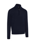 A Knitted Jumper’s navy blue long-sleeve pullover jumper features a high collar and quarter-zip fastening, shown against a plain white background.