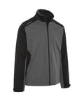 A grey and black zip-up Callaway jacket with black sleeves and side panels, high collar, white "Callaway" print on the left shoulder, and two zipped side pockets.