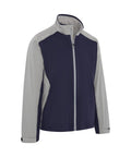 The Jackets product features a lightweight design with a navy blue front and back, light grey sleeves and side panels, a full front zip, high collar, adjustable cuffs, and the brand name on the upper left shoulder.