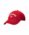 A red baseball cap with a curved brim, featuring the brand Callaway's logo and the word "Callaway" embroidered in white on the front.