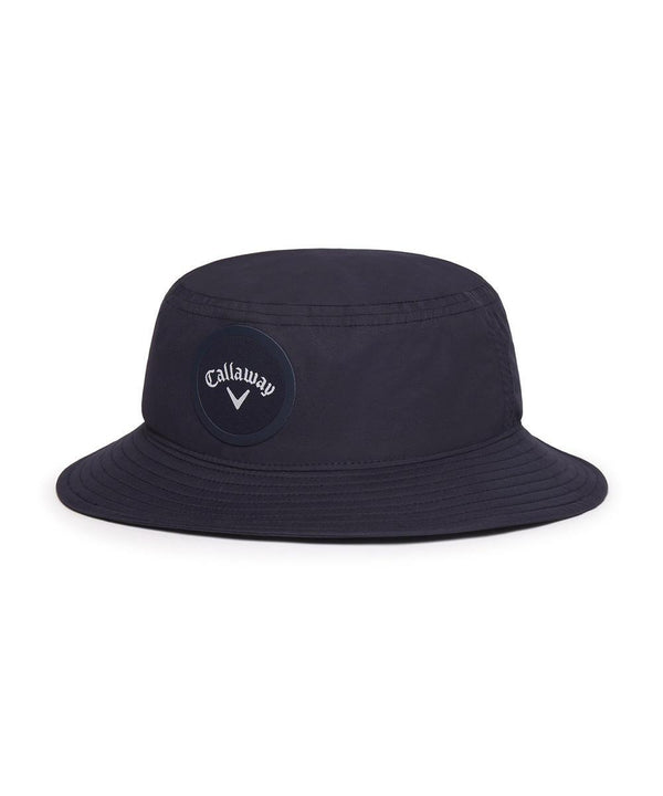 The Callaway Aqua Dry bucket hat in black features a circular logo patch on the front, shown against a white background.