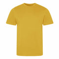 An EA001 T-shirt by AWDis Ecologie, featuring a plain mustard yellow color, round neck, and short sleeves, is displayed against a white background.