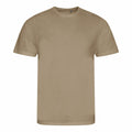A plain beige t-shirt, EA001 by AWDis Ecologie, features short sleeves and a round neckline and is displayed against a white background.