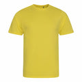 An EA001 T-shirt by AWDis Ecologie is shown against a white background. This plain yellow shirt features short sleeves and a crew neckline, highlighting its simple and casual style.