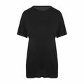 A plain black t-shirt with short sleeves, featuring a simple, classic round neckline and a loose fit, is displayed against a white background. This item is the EA002 from AWDis Ecologie.