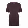 A plain dark purple short-sleeve t-shirt with a round neckline, labeled as Product EA002 from AWDis Ecologie, is displayed on a white background.