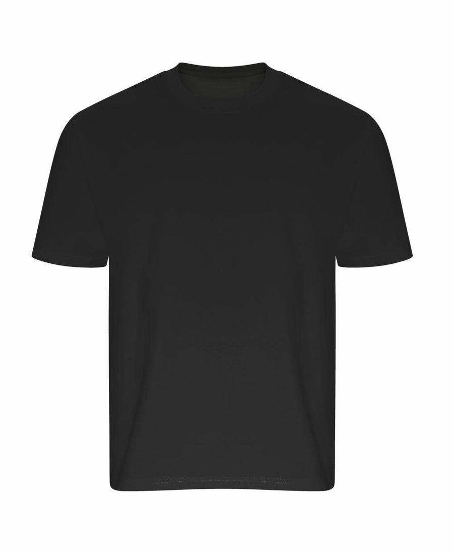 A plain black T-shirt, EA006, featuring a crewneck style by AWDis Ecologie, displayed against a white background.