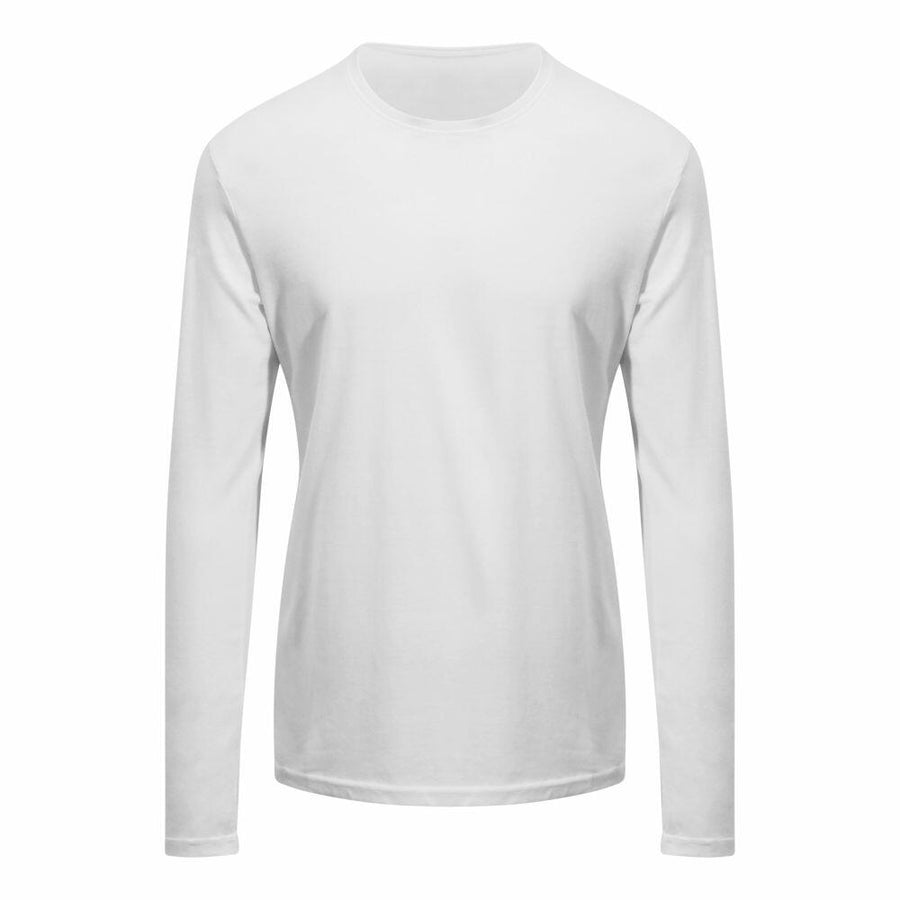 The AWDis Ecologie EA021 is a plain white long-sleeve t-shirt featuring a round neckline, shown against a white background.
