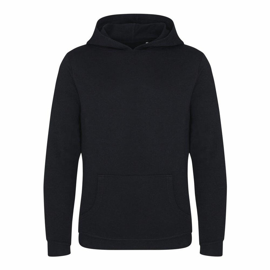 The EA040 hoodie from AWDis Ecologie, featuring long sleeves and a front pocket in black, is displayed.