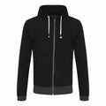 AWDis Ecologie's EA051 black zip-up hoodie features white drawstrings and front pockets, displayed on a plain white background.