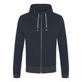 The AWDis Ecologie EA051 is a plain black zip-up hoodie featuring a hood, drawstrings, and two front pockets.
