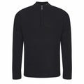 The EA061 by AWDis Ecologie is a black long-sleeve pullover sweater featuring a half-zip neckline and ribbed cuffs.