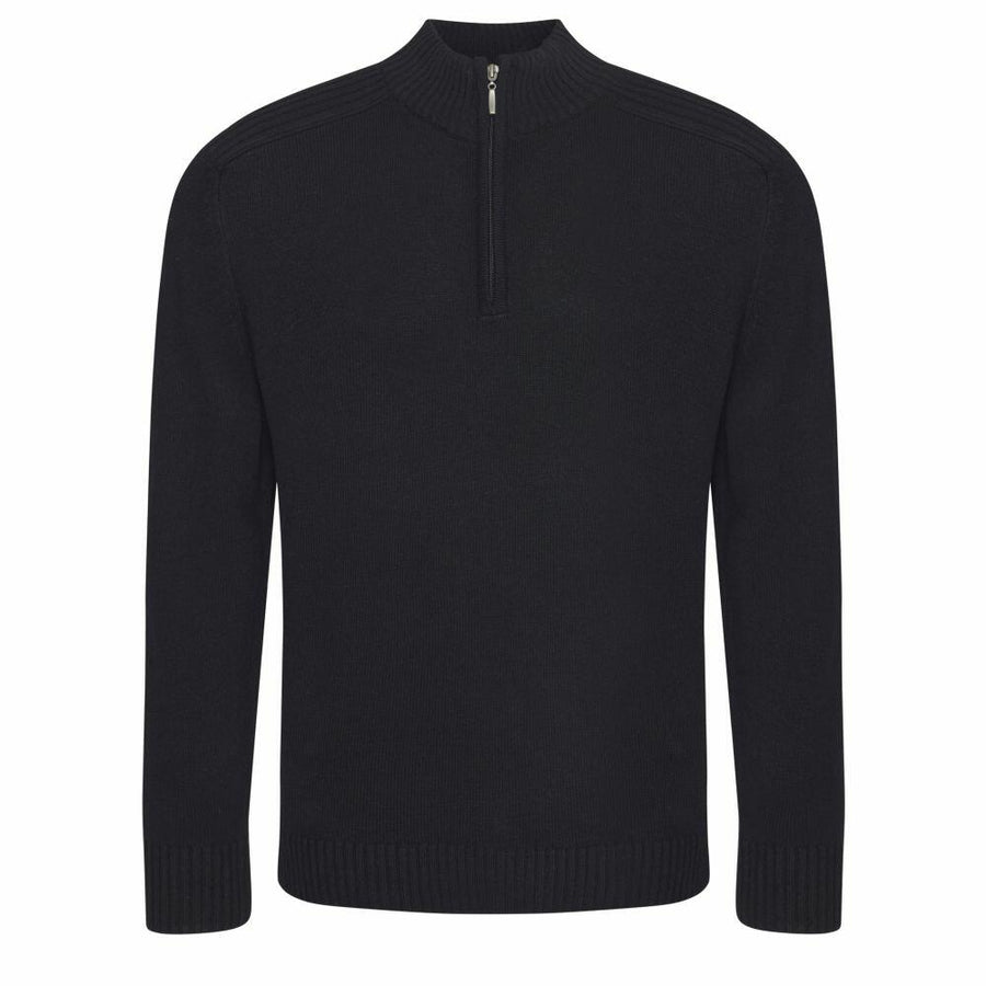 The EA061 by AWDis Ecologie is a black long-sleeve pullover sweater featuring a half-zip neckline and ribbed cuffs.