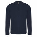 Introducing the AWDis Ecologie EA061: a cozy navy blue knit sweater featuring a quarter-zip collar. This stylish piece is designed with ribbed cuffs, hem, and collar for a classic look. A silver zipper elegantly extends down from the neckline, adding a touch of sophistication to this timeless design.