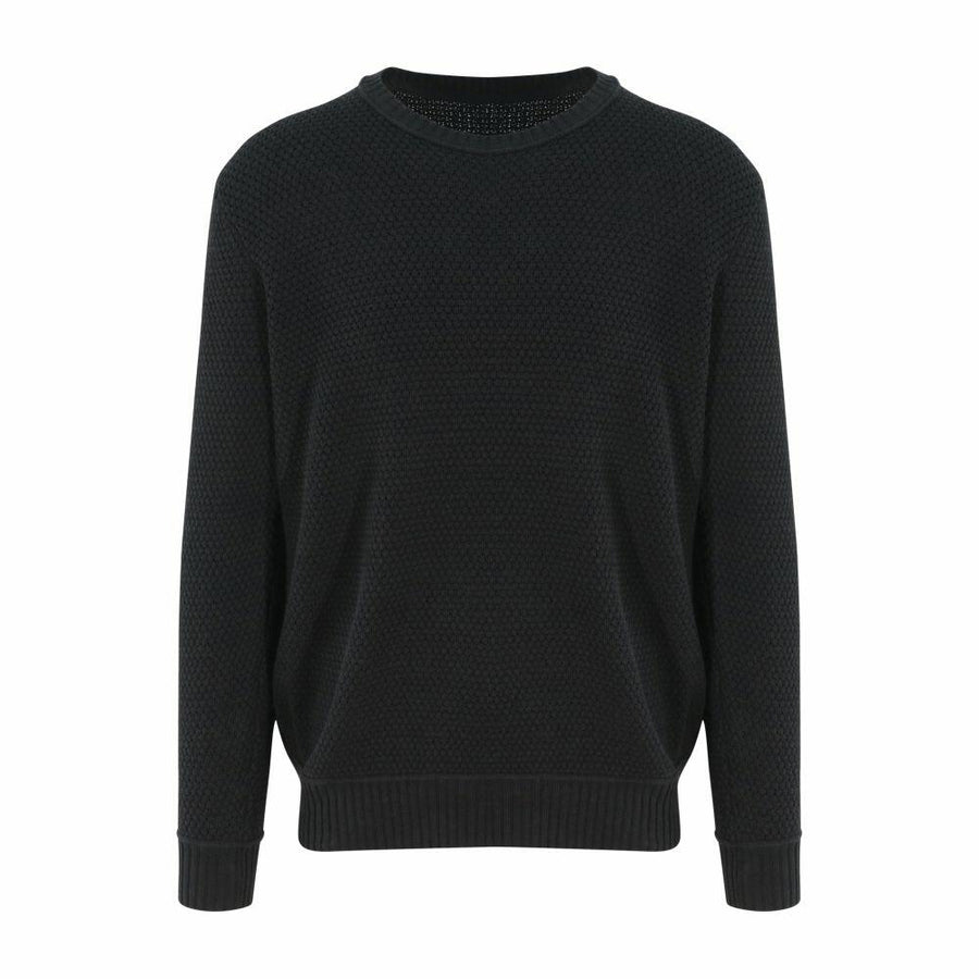 EA062, a black textured crewneck sweater with long sleeves from AWDis Ecologie, is displayed against a white background.