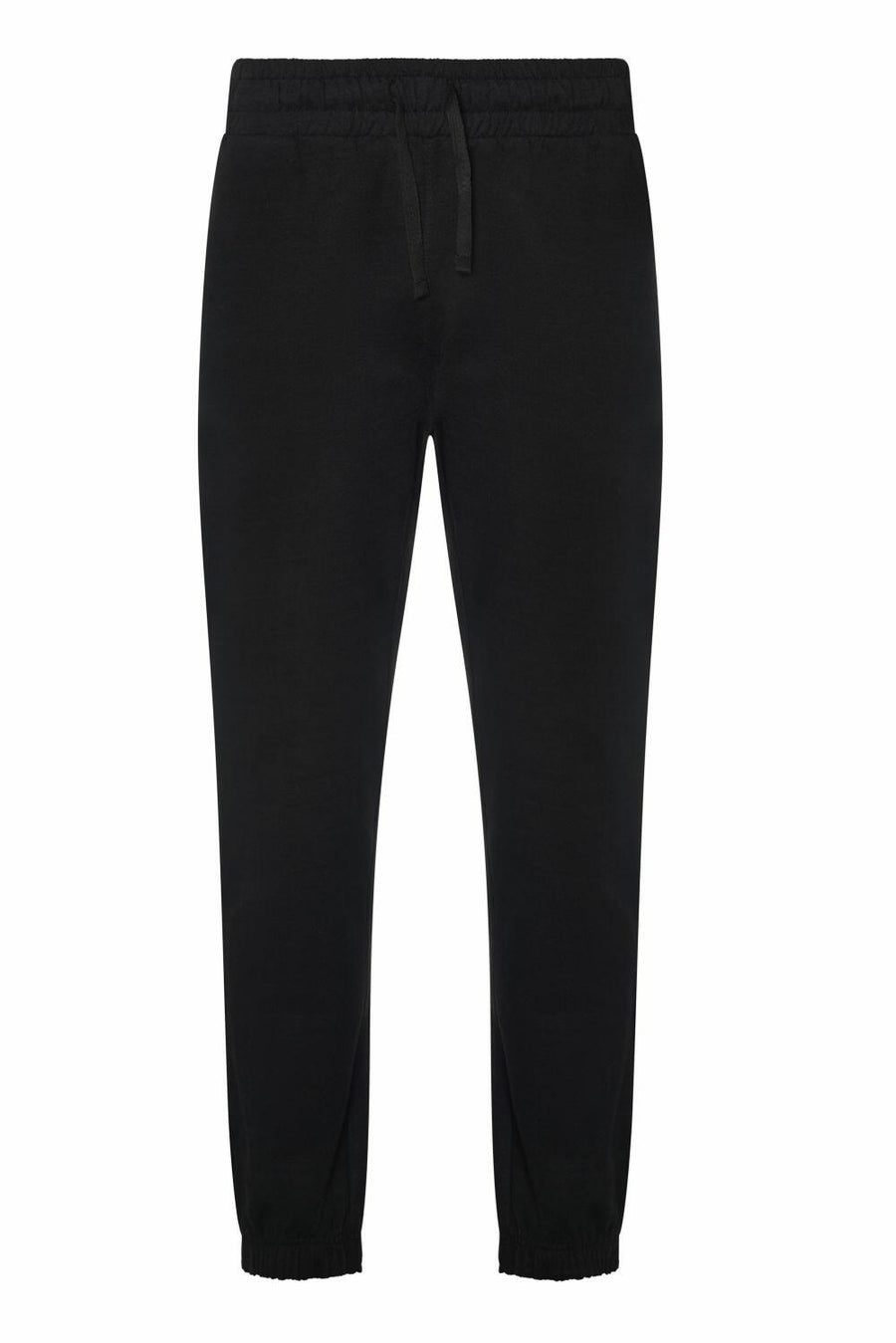 AWDis Ecologie's EA070 offers black jogger pants designed with an elastic waistband, a drawstring, and cuffed ankles.