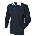 FR01M by Front Row: A black long-sleeve rugby shirt featuring a white collar and three-button placket, showcased on a mannequin.