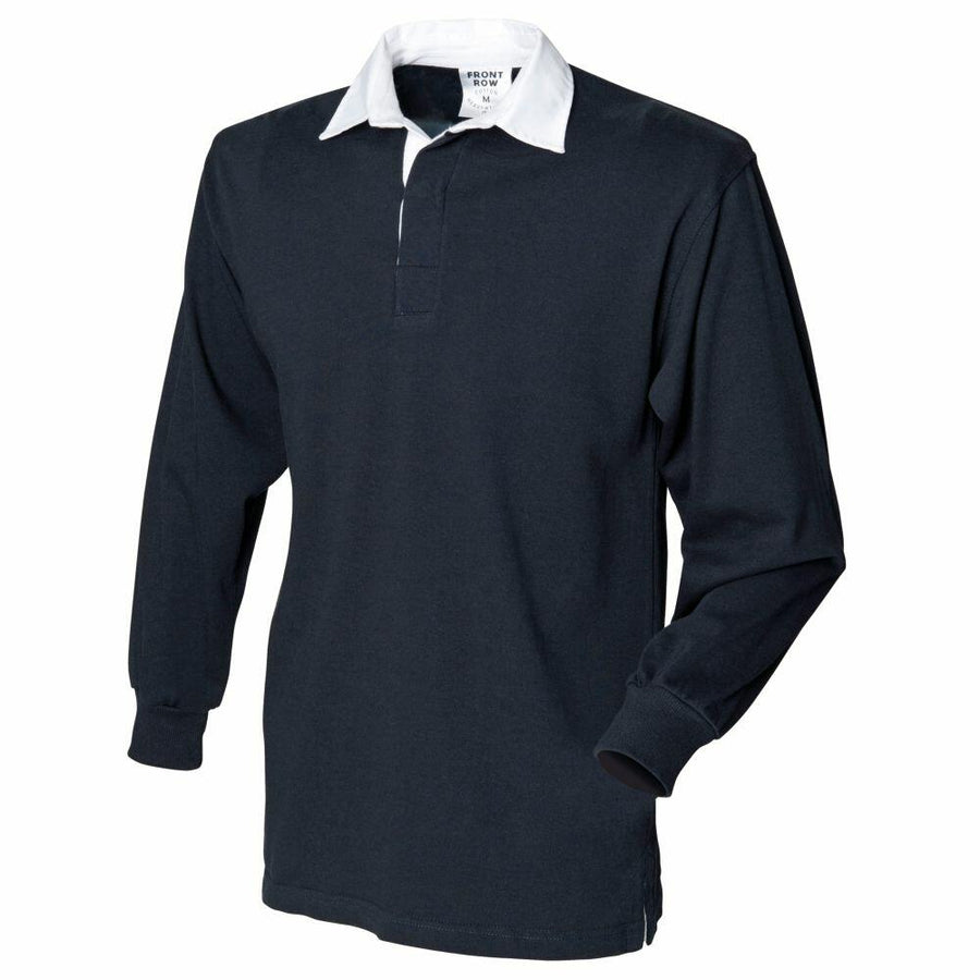 FR01M by Front Row: A black long-sleeve rugby shirt featuring a white collar and three-button placket, showcased on a mannequin.