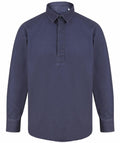 FR050 dark blue button-up shirt by Front Row, featuring a collar and long sleeves, displayed against a white background.