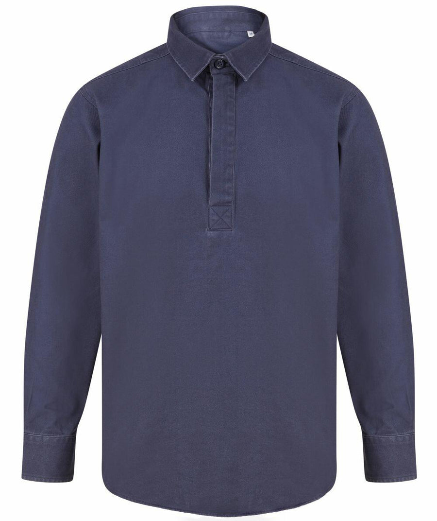 FR050 dark blue button-up shirt by Front Row, featuring a collar and long sleeves, displayed against a white background.
