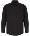 Front Row's FR054 is a black button-up shirt featuring long sleeves and two chest pockets.