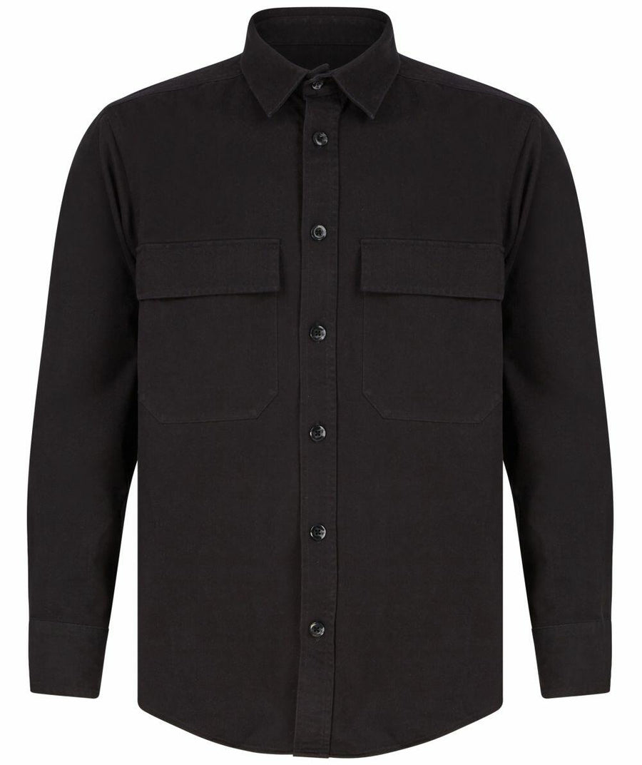 Front Row's FR054 is a black button-up shirt featuring long sleeves and two chest pockets.