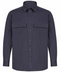 Product FR054 from Front Row is a dark navy long-sleeved button-up shirt featuring two chest pockets.