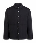 A black long-sleeve shirt button-up with a collar and two large chest pockets, shown on a white background.