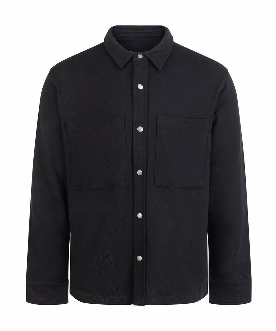 A black long-sleeve shirt button-up with a collar and two large chest pockets, shown on a white background.