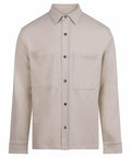 A beige long-sleeve collared shirt from Shirts, featuring a button-through front and two large chest pockets, displayed on a plain white background.