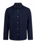 The Shirts product is a navy blue button-up with a collar, long sleeves, two chest pockets, and silver press studs down the front, shown on a plain white background.