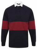 The Front Row FR07M is a long-sleeved rugby shirt featuring a black and red horizontal stripe pattern and a white collar.