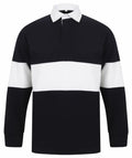 The FR07M by Front Row is a rugby shirt featuring long sleeves, a broad horizontal white stripe across the chest, and a white collar, all in black.