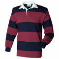 Product FR08M by Front Row is a long-sleeved rugby shirt with broad burgundy and navy stripes, complemented by a white collar.