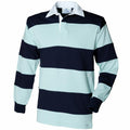 Front Row's FR08M offers a long-sleeve rugby shirt featuring wide horizontal stripes in navy and light blue, complemented by a white collar.