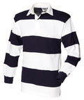 Introducing the Front Row's FR08M, a black and white striped rugby shirt featuring long sleeves and a collar.