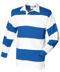 The Front Row FR08M long-sleeved rugby shirt, featuring blue and white stripes and a collar, is displayed on a white background.