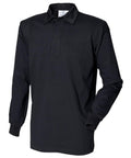 The FR100 by Front Row is a black long-sleeve polo shirt, featuring a collar and buttoned placket, showcased against a plain white background.