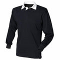The FR100 by Front Row is a black rugby shirt featuring long sleeves, a white collar, and white cuffs.