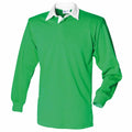Front Row's FR100, a green long-sleeve polo shirt featuring a white collar, is displayed on a plain background.