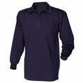 Introducing the Front Row FR100: a navy blue long-sleeve rugby shirt that boasts a classic collar and a partial button placket. Displayed on an invisible mannequin, this shirt features sleeves that are elegantly gathered at the wrists.